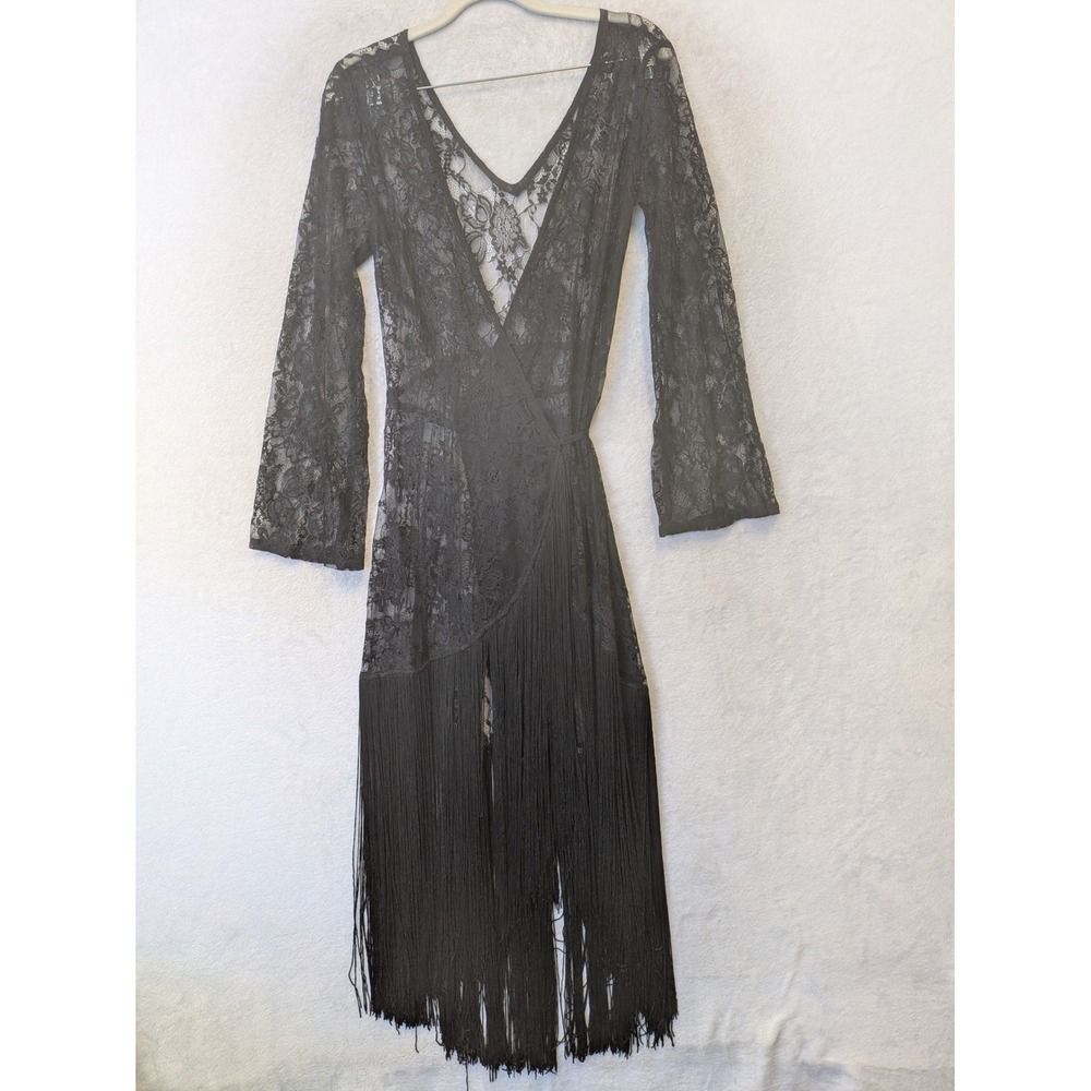 ASOS Wrap Dress Women's 4 Black Sheer Floral Lace Fringe Bell Sleeve V-Neck